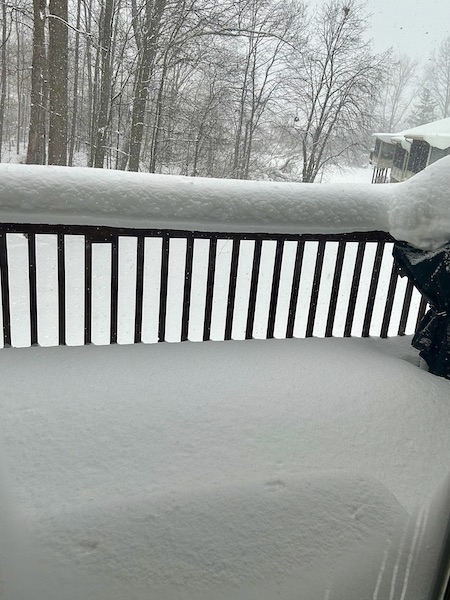 Over a foot of snow on our deck railing